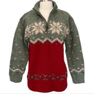 RALPH LAUREN Vintage HANDKNIT Wool Quarter Zip Nordic Snowflake Winter Sweater